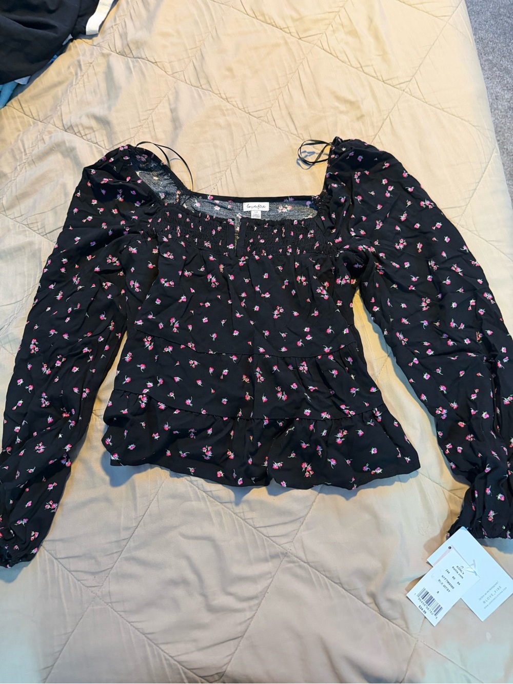 love, Fire Black Floral Smocked Square Neck Peplum Blouse